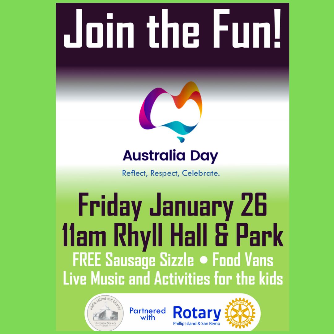 Australia Day in Rhyll live music, childrens activities, and a complimentary sausage sizzle,a perfect blend of fun/reflection for everyone, from 11am.
